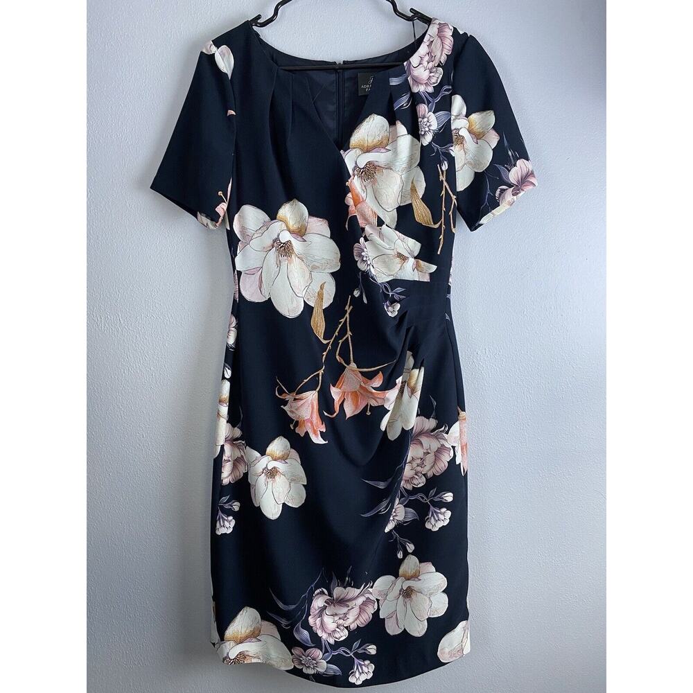 Adrienne Papelle Sz 10 Floral Ruched SS Dress Career Party
